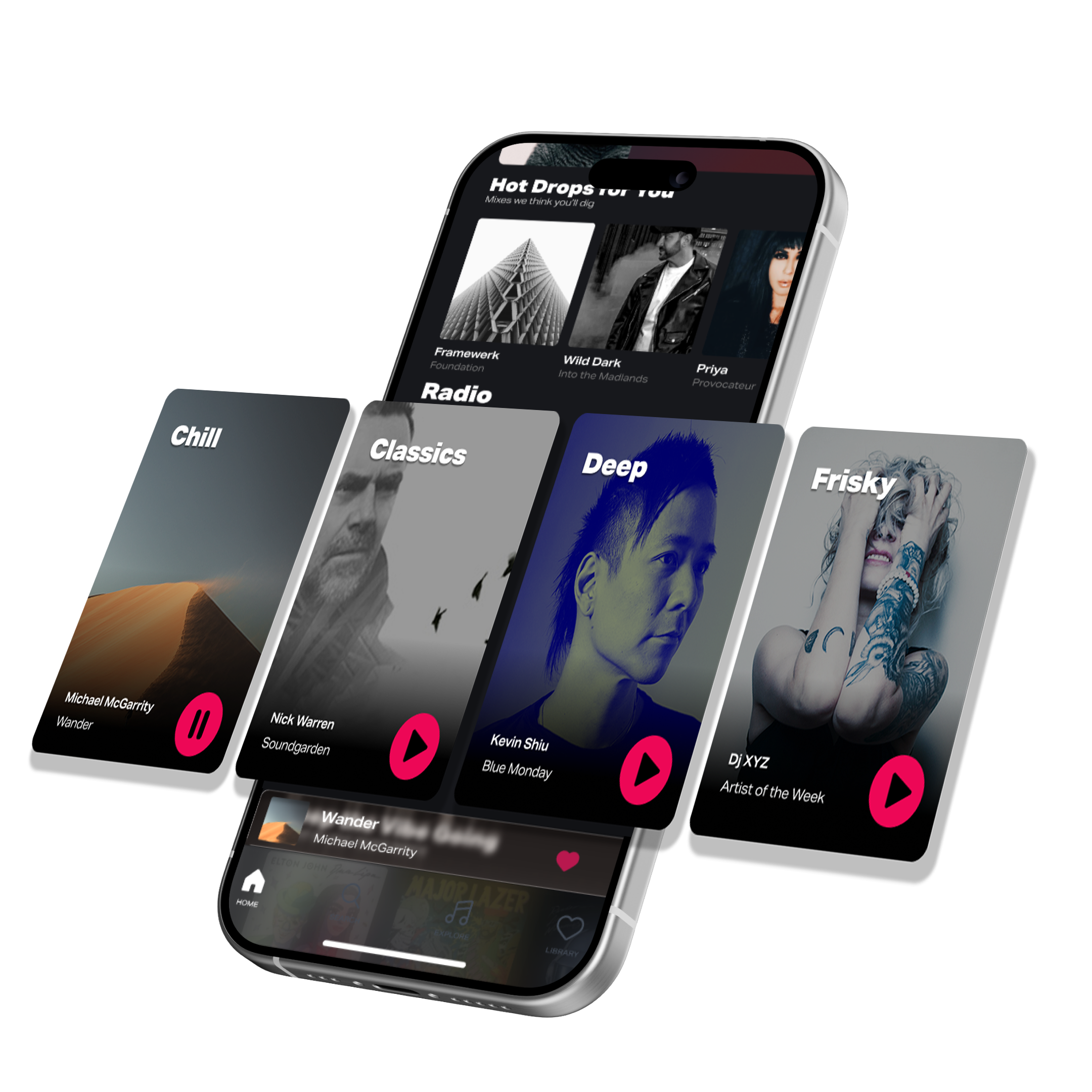 FRISKY app showing radio cards